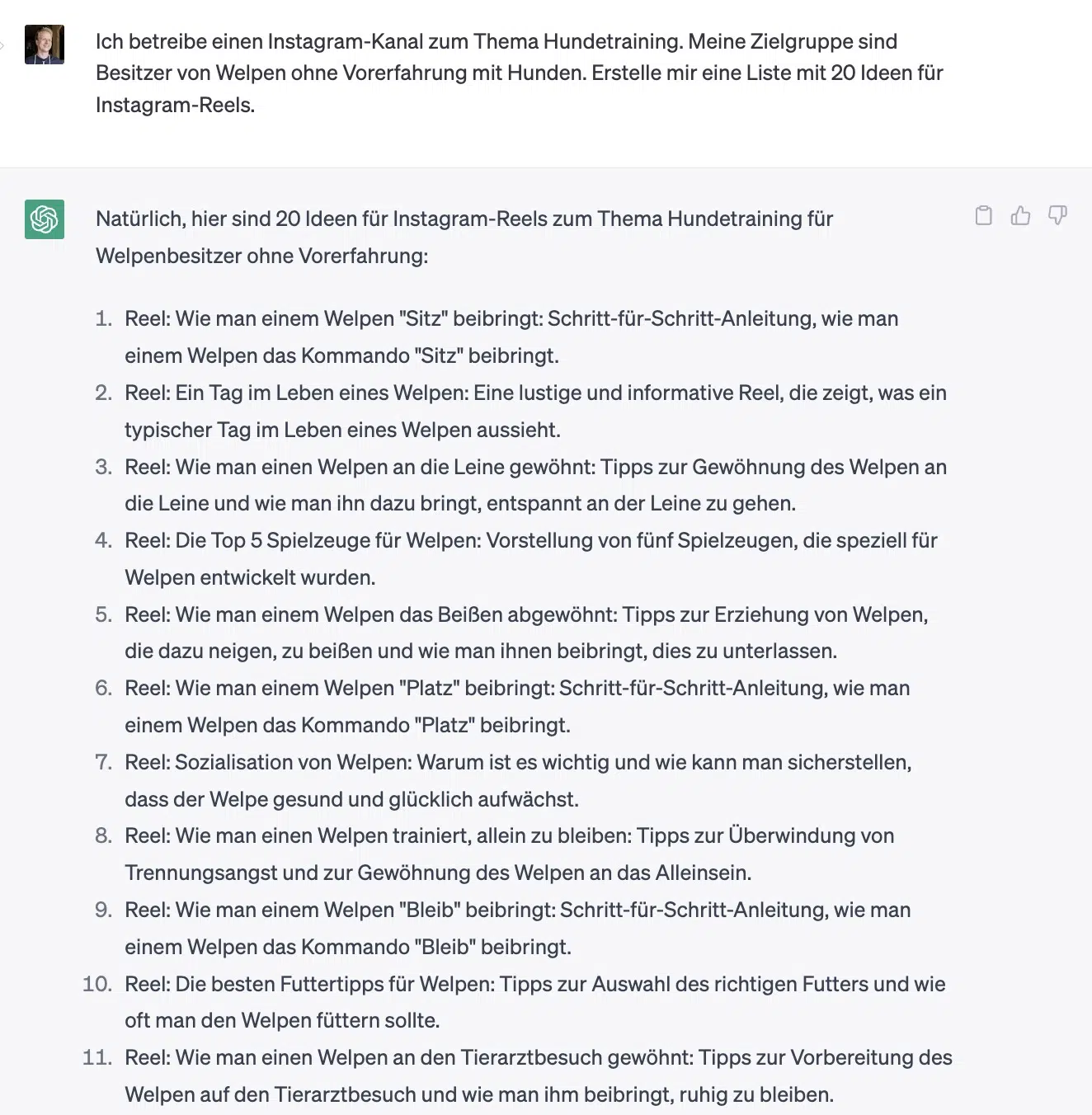ChatGPT generiert Ideen für Instagram Reels