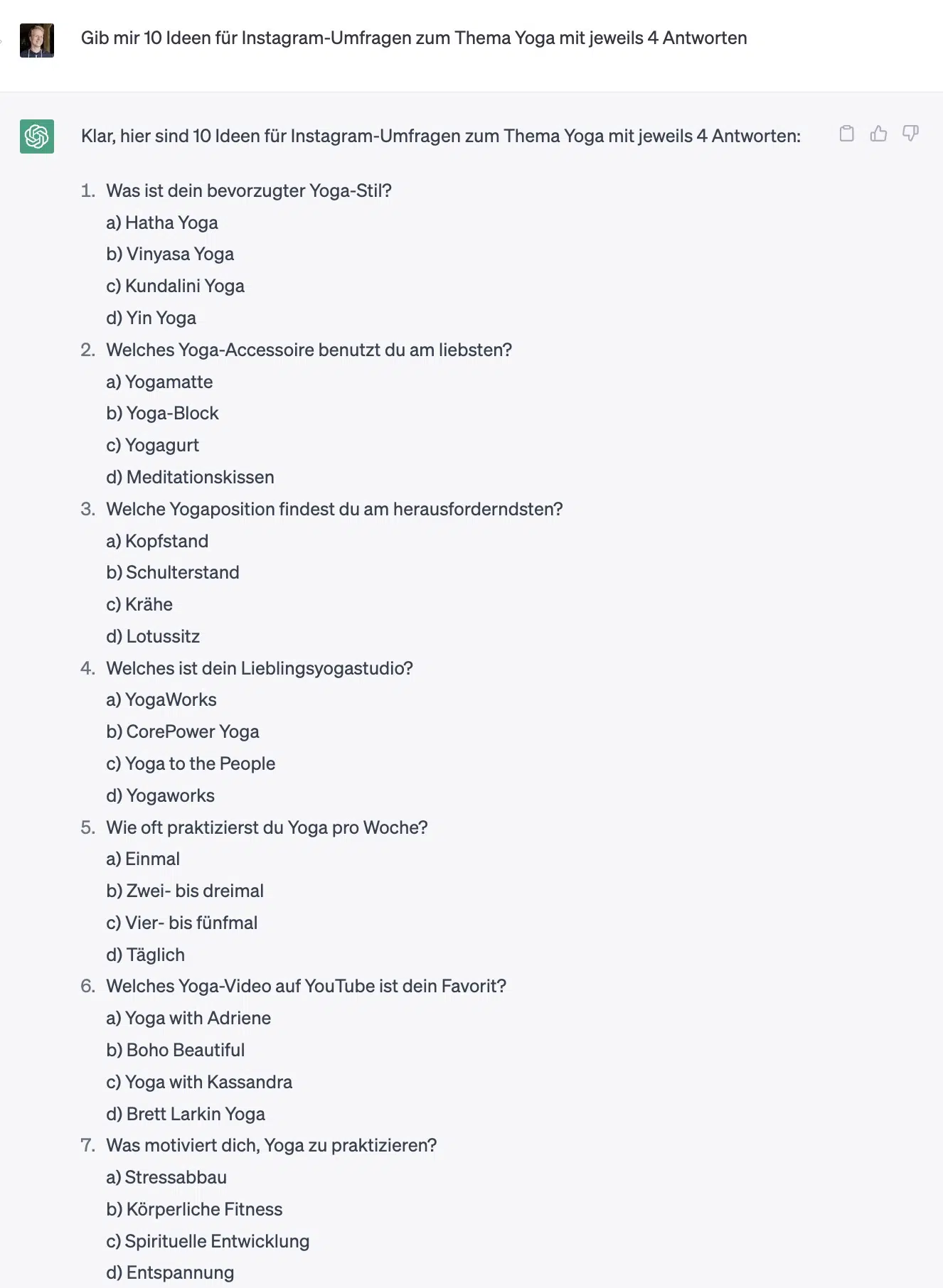 ChatGPT generiert Ideen für Instagram-Umfragen
