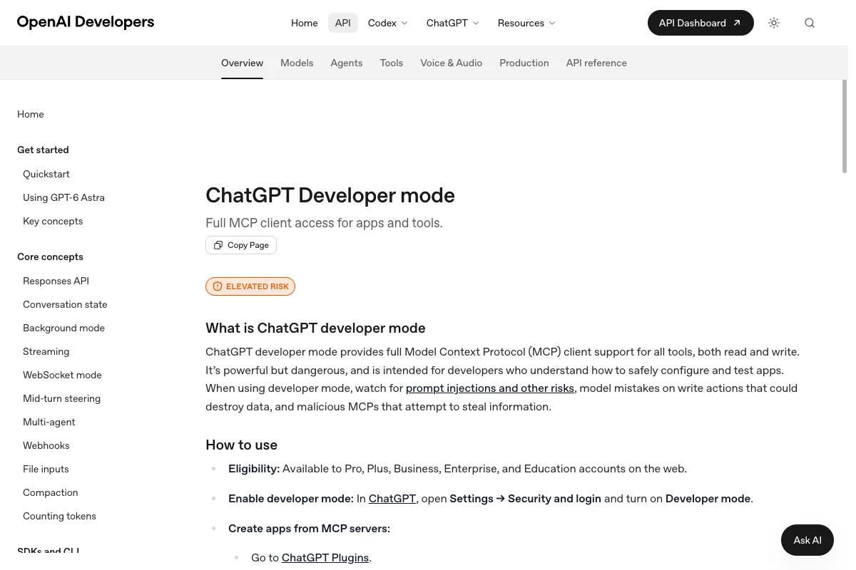 OpenAI documentation for ChatGPT developer mode with MCP read and write access