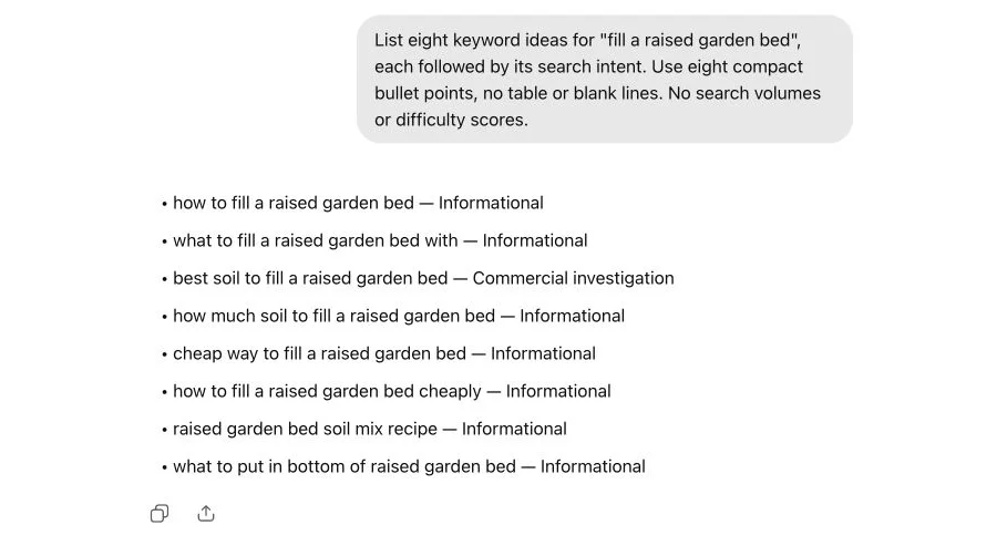 ChatGPT lists eight keyword ideas with search intent