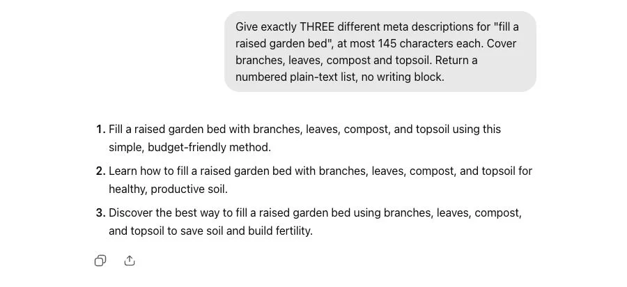 ChatGPT creates three meta descriptions for fill a raised garden bed