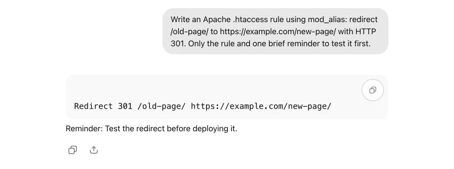 ChatGPT creates an Apache 301 redirect from old-page to new-page