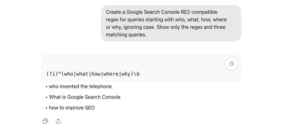 ChatGPT creates a case-insensitive RE2 regex for Search Console