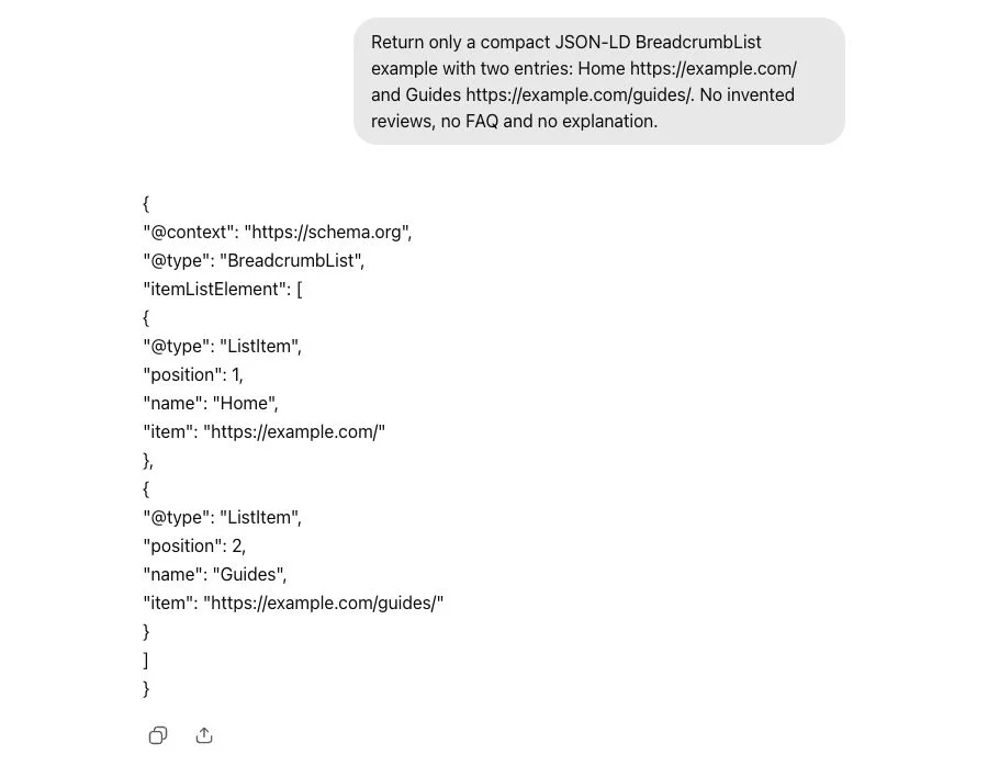 ChatGPT creates a two-entry BreadcrumbList JSON-LD example