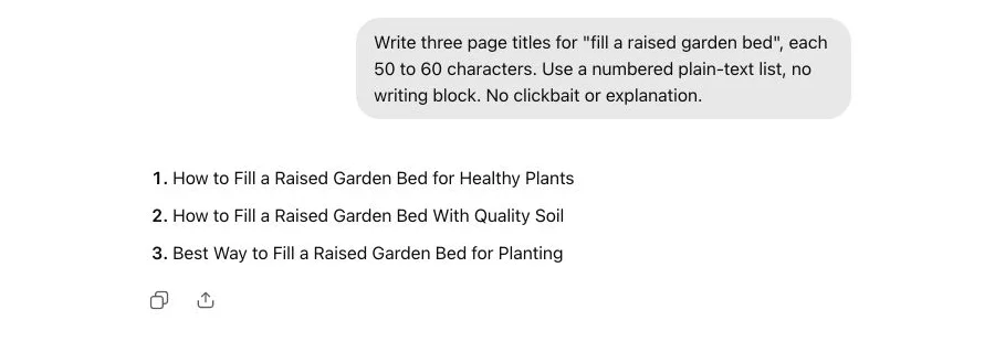 ChatGPT creates three page titles for fill a raised garden bed