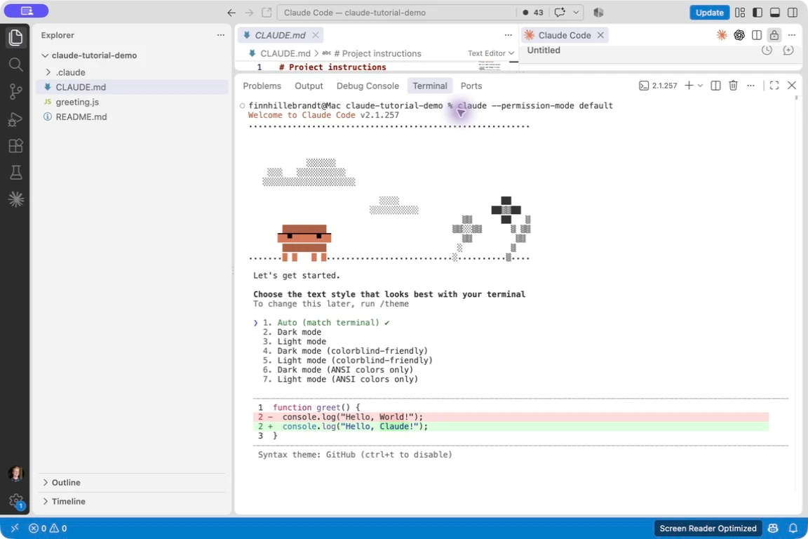 Actual first launch of Claude Code in the VS Code terminal with text-style selection