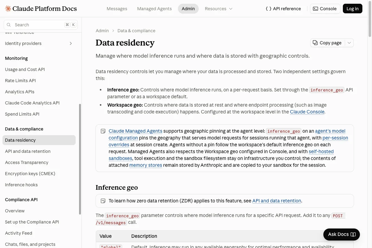 Anthropic-Dokumentation zur Datenresidenz mit den Einstellungen Inference geo und Workspace geo