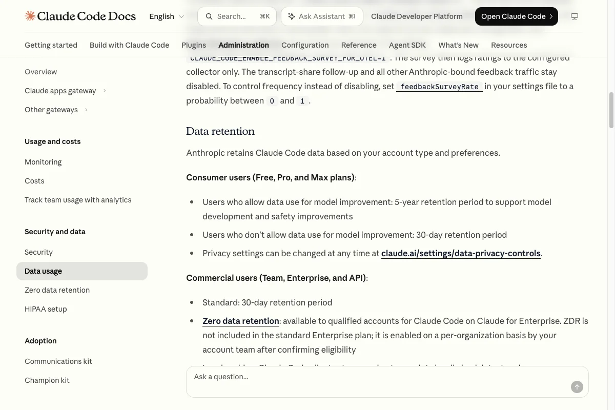 Claude Code documentation on data retention for consumer plans and commercial plans