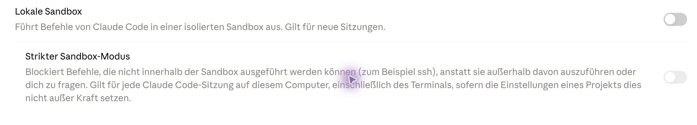 Claude-Desktop-Einstellungen mit ausgeschalteter lokaler Sandbox und deaktiviertem strikten Sandbox-Modus