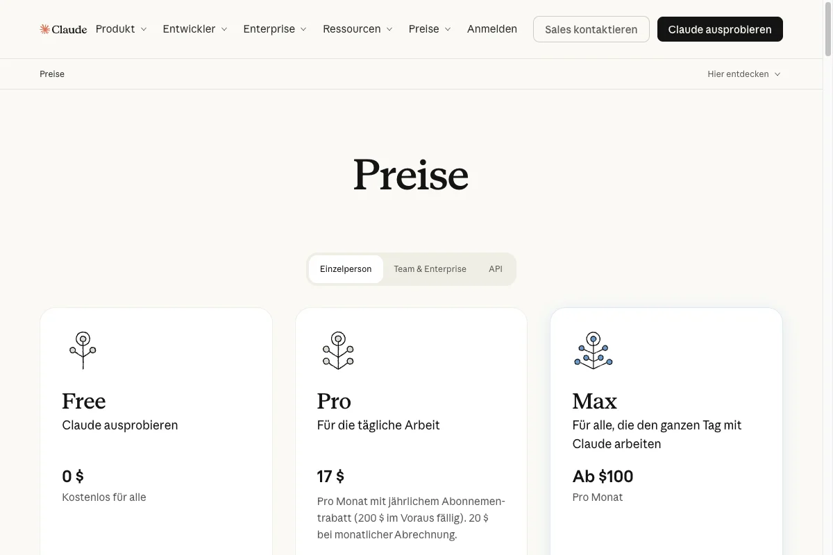 Claude-Preisseite mit den Einzelpersonen-Tarifen Free, Pro und Max sowie den Reitern Team und Enterprise und API