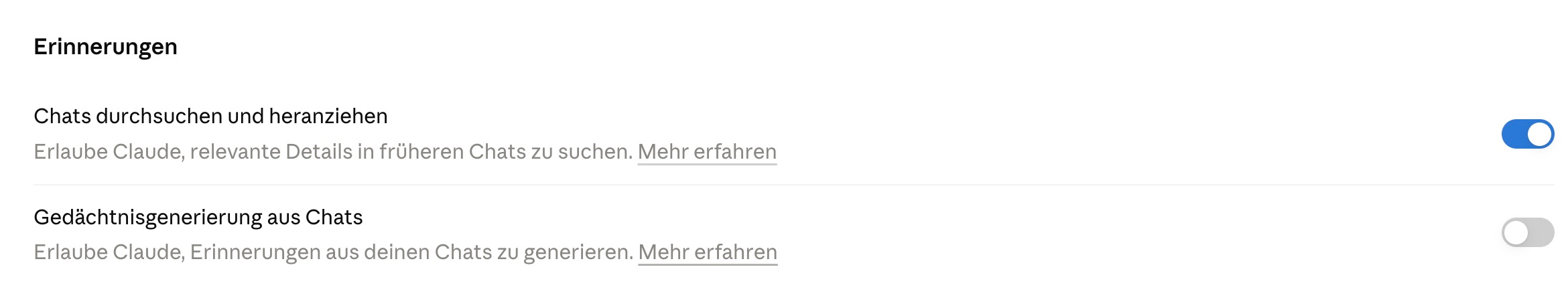 Claude-Desktop-Einstellungen mit eingeschalteter Suche in früheren Chats und ausgeschalteter Gedächtnisgenerierung