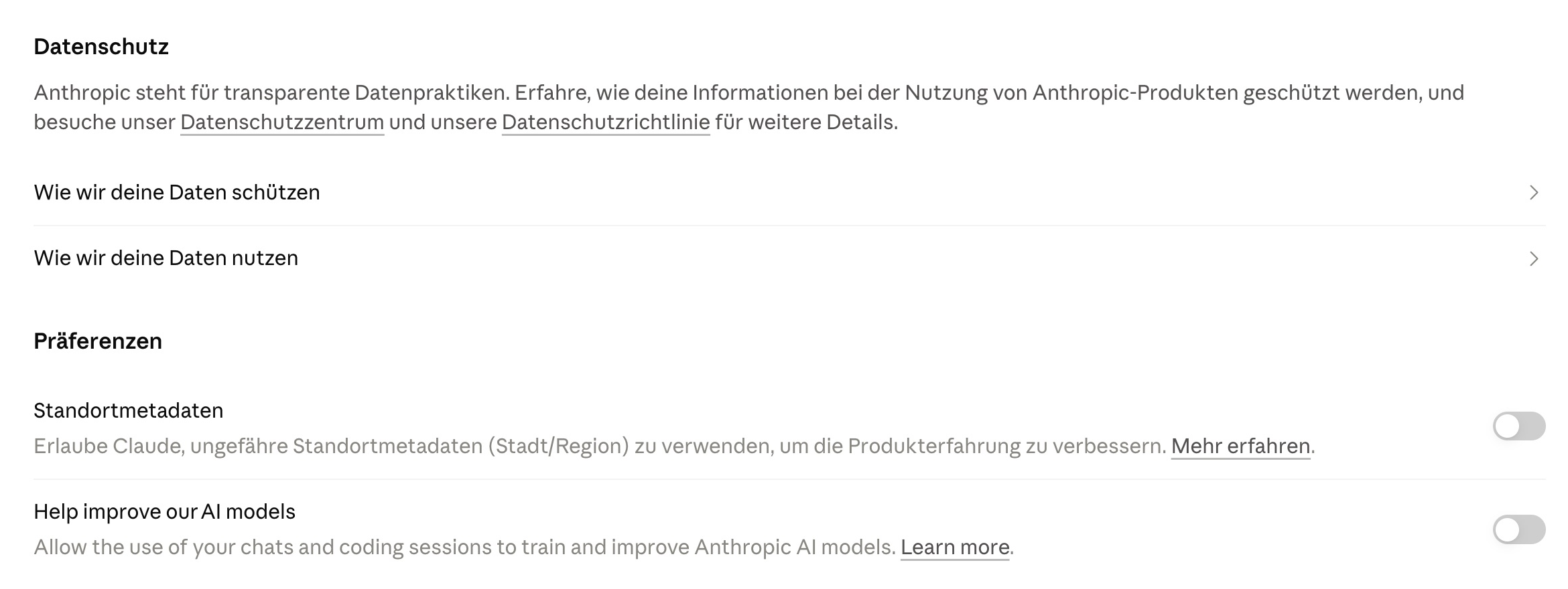 Claude-Einstellung zur Modellverbesserung, die in einer deutschen Oberfläche ausgeschaltet ist