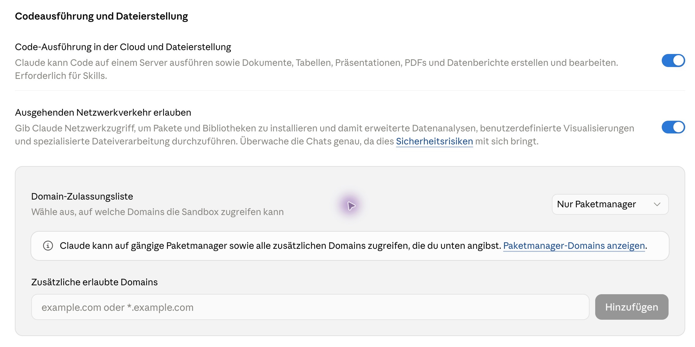 Claude-Einstellungen für Cloud-Code mit eingeschaltetem Netzwerkverkehr und Domain-Zulassungsliste Nur Paketmanager