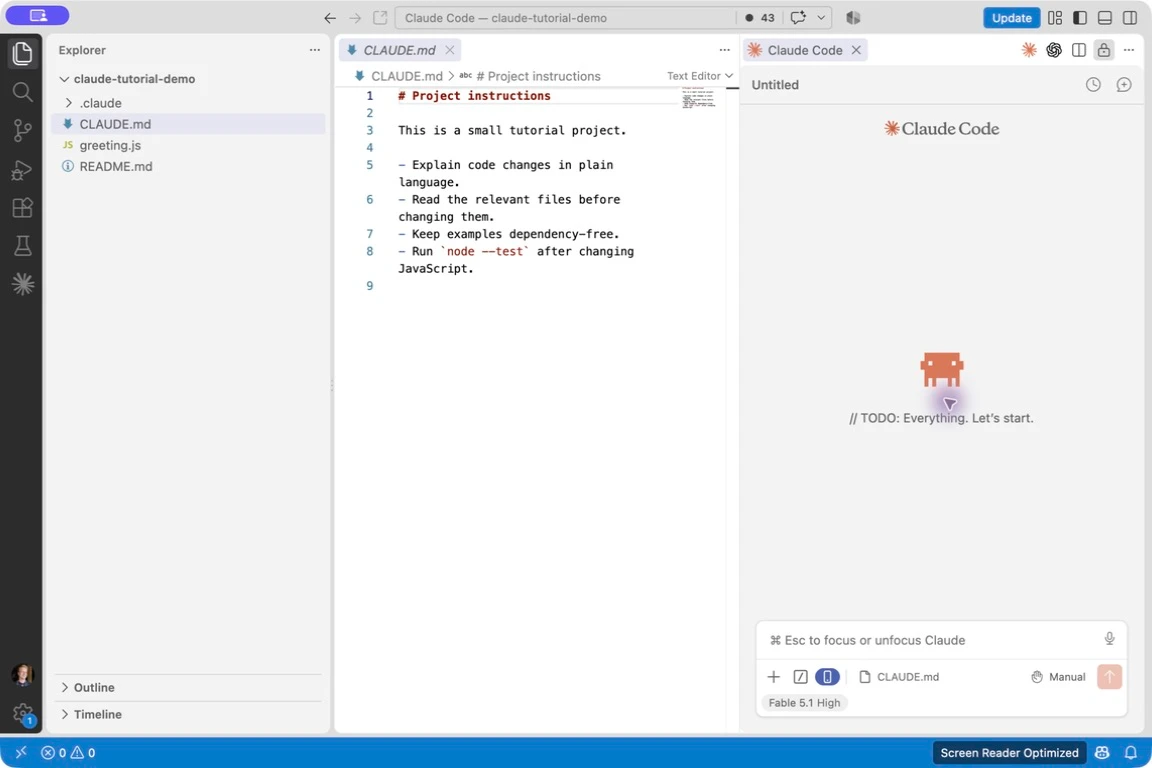CLAUDE.md mit Projektregeln neben der nativen Claude-Code-Erweiterung in VS Code