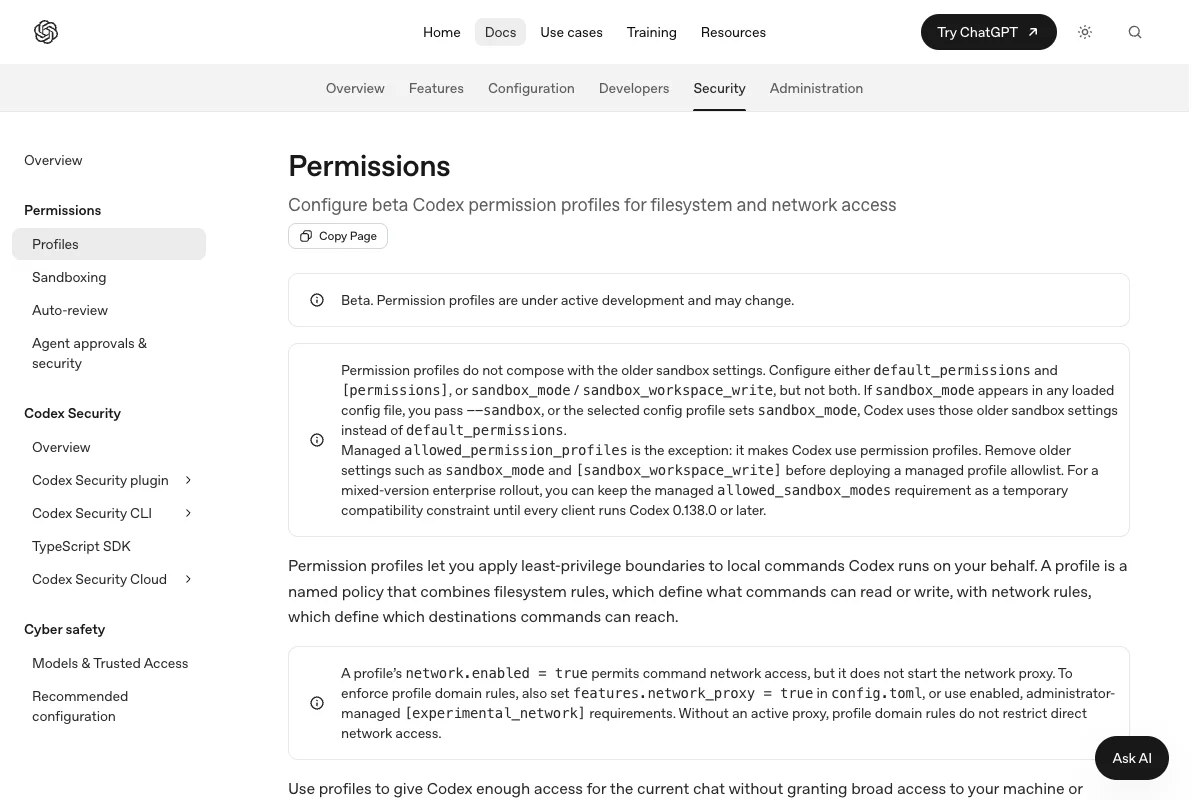 Codex-Dokumentation zu Berechtigungsprofilen mit Beta-Hinweis und Regeln für Dateien und Netzwerk