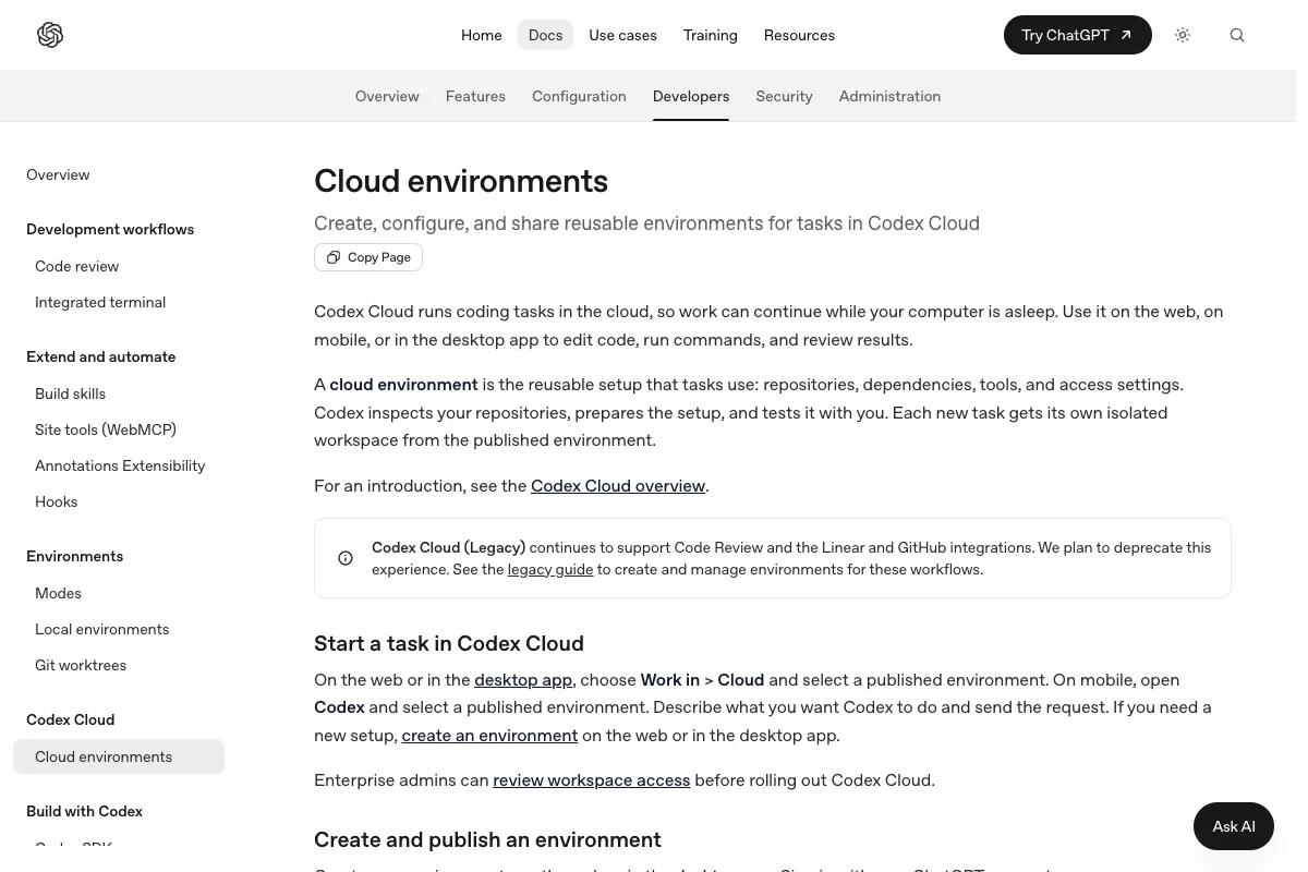 Codex-Dokumentation zu Cloud-Umgebungen mit Repositories, Abhängigkeiten und Zugangseinstellungen