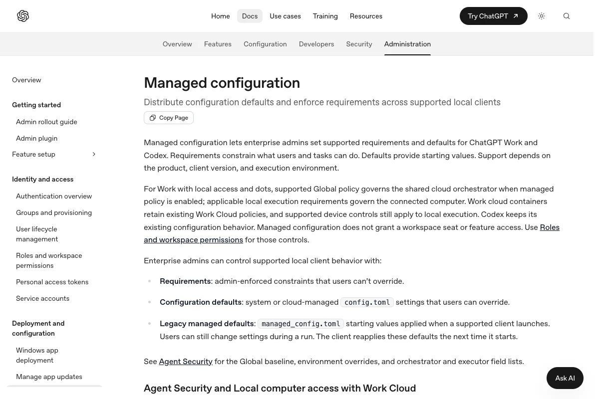 Codex-Dokumentation zur verwalteten Konfiguration mit Requirements und Konfigurationsvorgaben für Admins