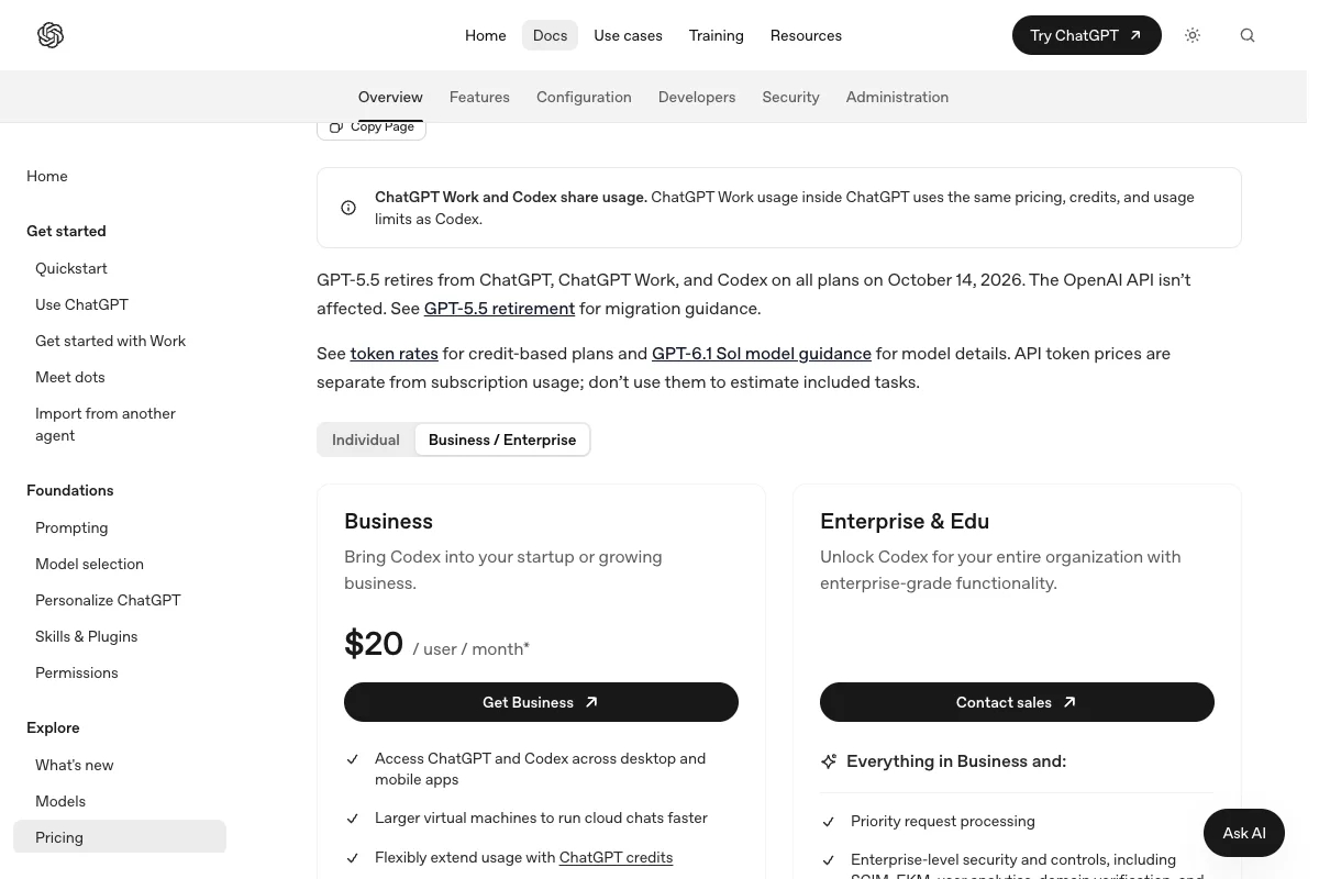 Codex-Tarifübersicht von OpenAI mit den Tarifen Business und Enterprise und Edu