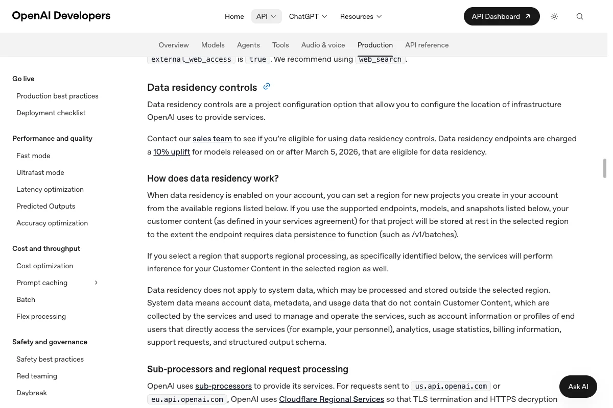 OpenAI-API-Dokumentation zu Datenresidenz, Europe-Region und Grenzen für Systemdaten