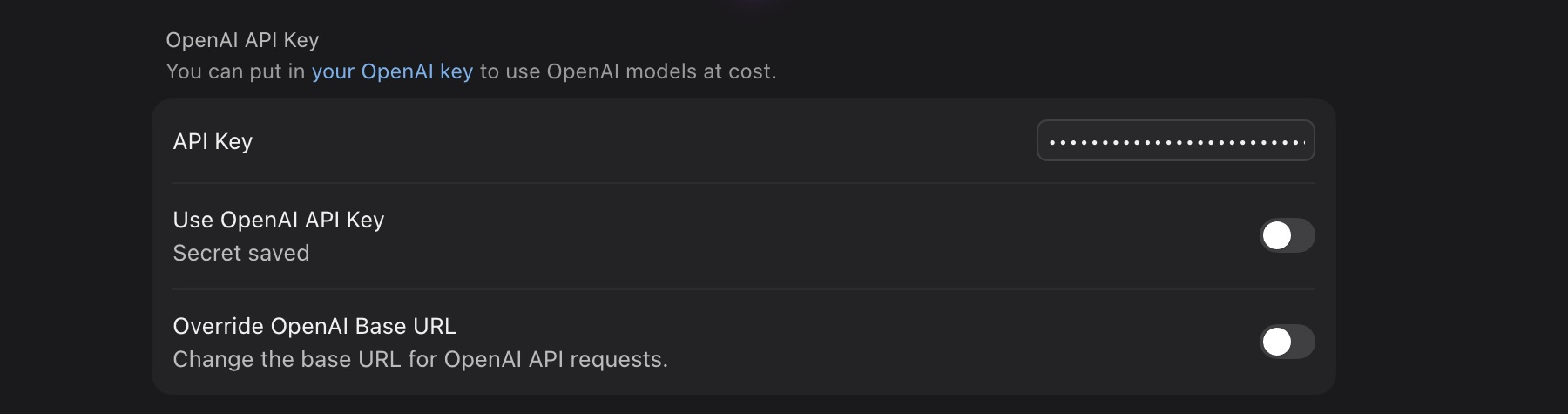 Cursor settings for a masked OpenAI API key with Use OpenAI API Key switched off