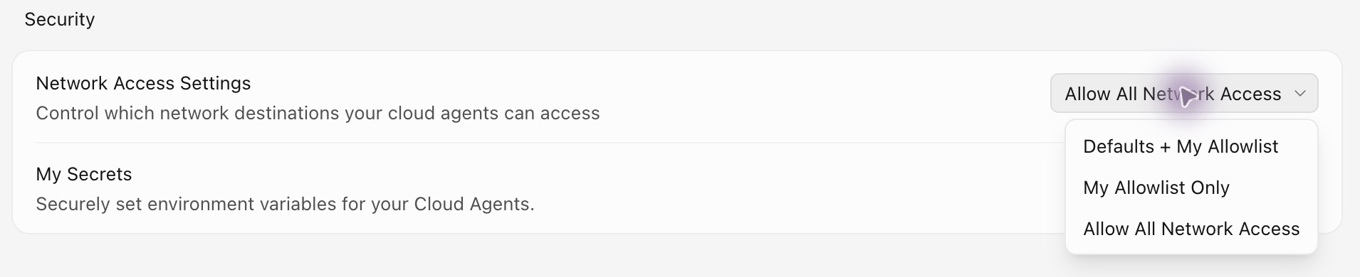 Cursor dashboard under Cloud Agents > Security > Network Access Settings: Allow All Network Access is selected; Defaults + My Allowlist and My Allowlist Only are visible
