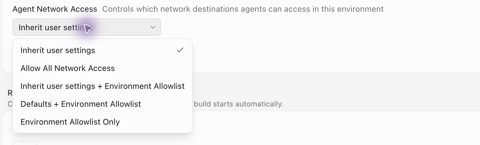 Cursor Cloud Environment settings for Agent Network Access: Inherit user settings is selected; other options use an Environment Allowlist