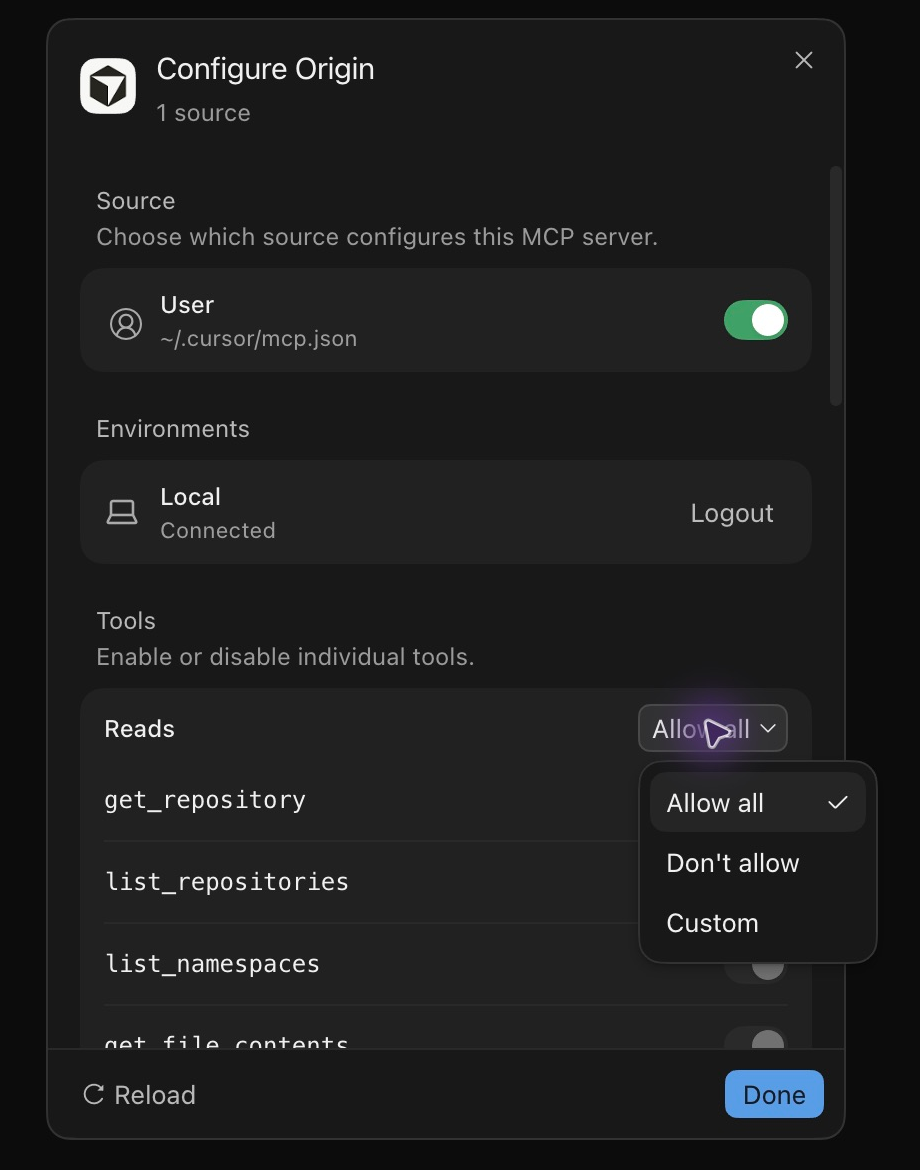Cursor Settings under Customize > MCPs > Origin > Tools: Allow all is selected in the Reads menu; Don’t allow and Custom are visible