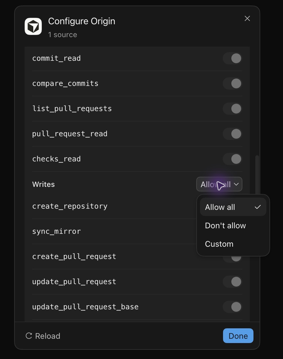 Cursor Settings under Customize > MCPs > Origin > Tools: Allow all is selected in the Writes menu; Don’t allow and Custom are visible