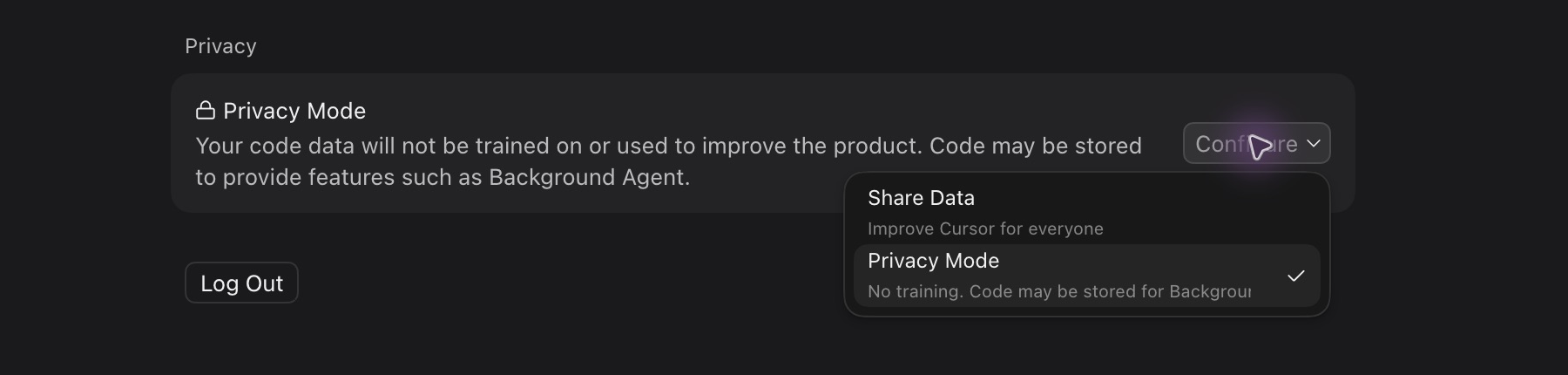 Cursor settings with the Privacy Mode menu open and Privacy Mode selected