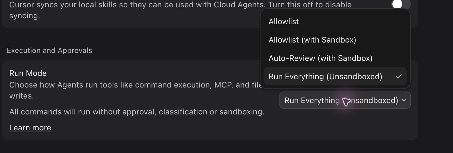 Cursor Settings under Agents > Execution and Approvals > Run Mode: Run Everything (Unsandboxed) is selected, and Auto-Review (with Sandbox) is visible as an alternative