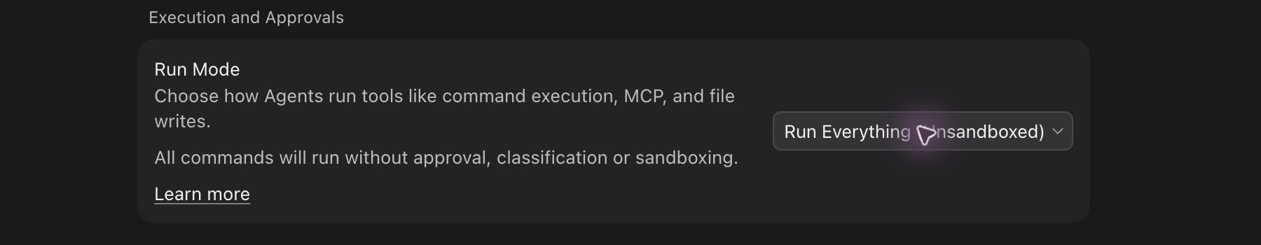 Cursor Run Mode set to Run Everything Unsandboxed, with a notice that commands run without approval or sandboxing