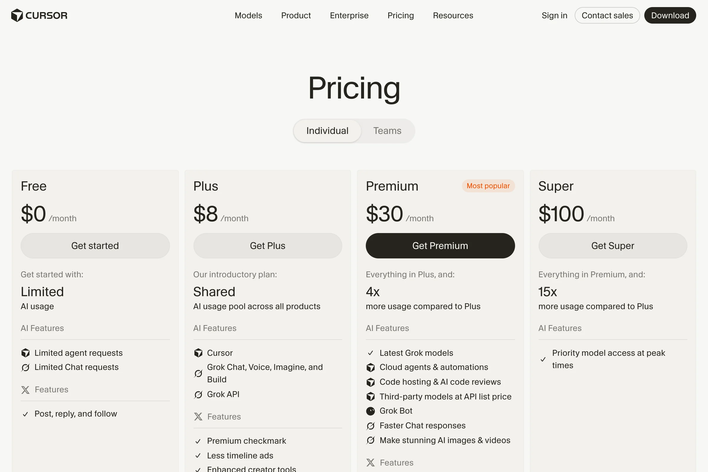 Cursor pricing page from October 13, 2026 showing the Individual plans Free, Plus, Premium, and Super