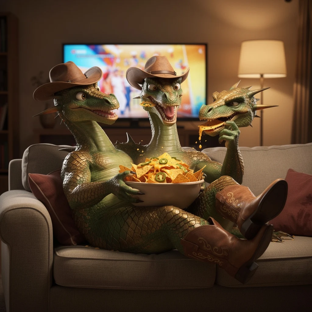 FLUX.2 [pro]: dreiköpfiger Drache mit Cowboystiefeln, Hut, Fernseher und Nachos