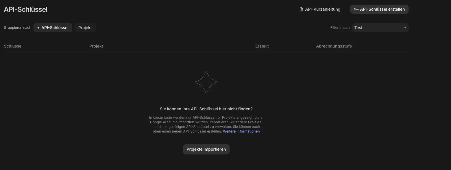 Leere Google-AI-Studio-Übersicht für API-Schlüssel, gefiltert auf das Beispielprojekt Test