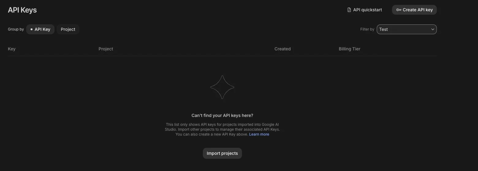 Empty Google AI Studio API Keys overview filtered to the Test example project