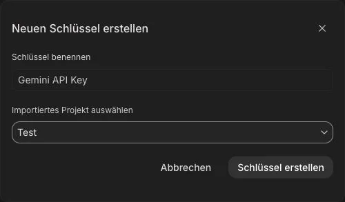 Dialog in Google AI Studio zum Erstellen eines Gemini-API-Schlüssels für ein bestehendes Cloud-Projekt