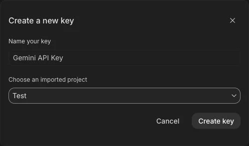 Google AI Studio dialog for creating a Gemini API key in an existing Cloud project