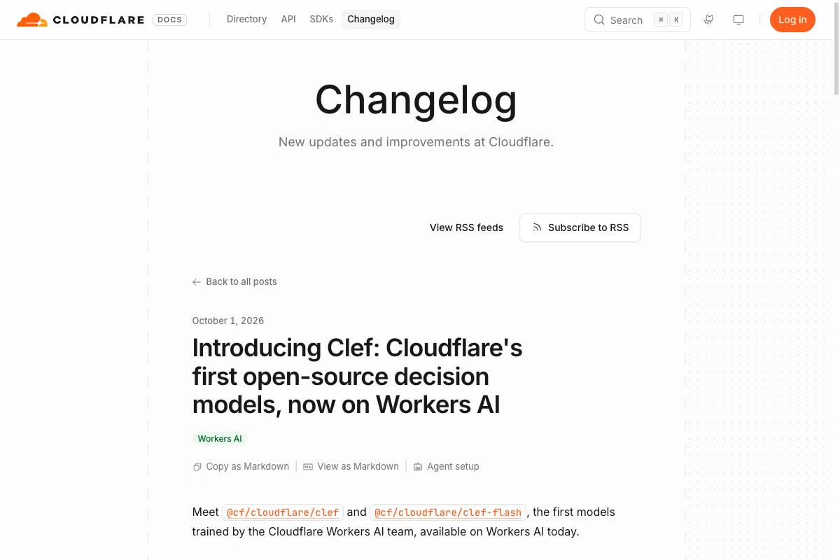 Changelog von Cloudflare zum Start der Entscheidungsmodelle Clef und Clef-flash auf Workers AI