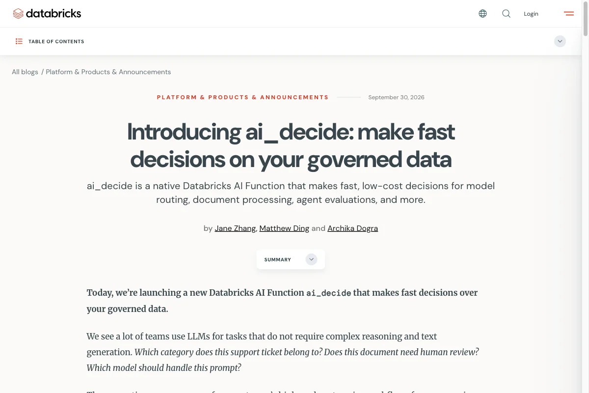 Blogbeitrag von Databricks zur Einführung der AI-Funktion ai_decide