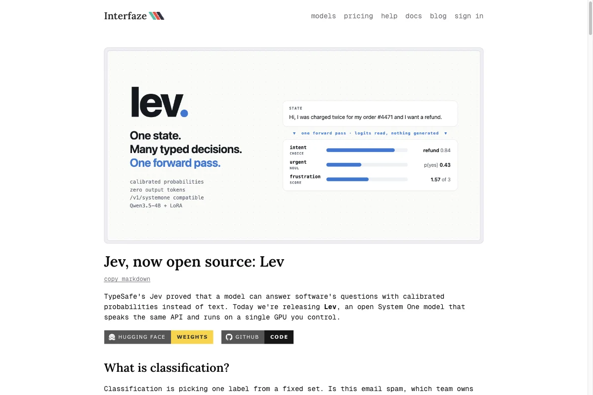 Blogbeitrag von Interfaze zu Lev, einem offenen Entscheidungsmodell mit Jev-Schnittstelle