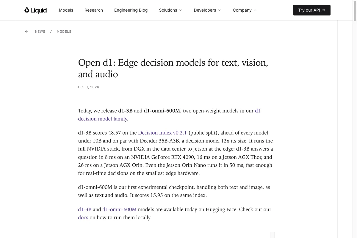 Blogbeitrag von Liquid AI zu den offenen Entscheidungsmodellen d1-3B und d1-omni-600M