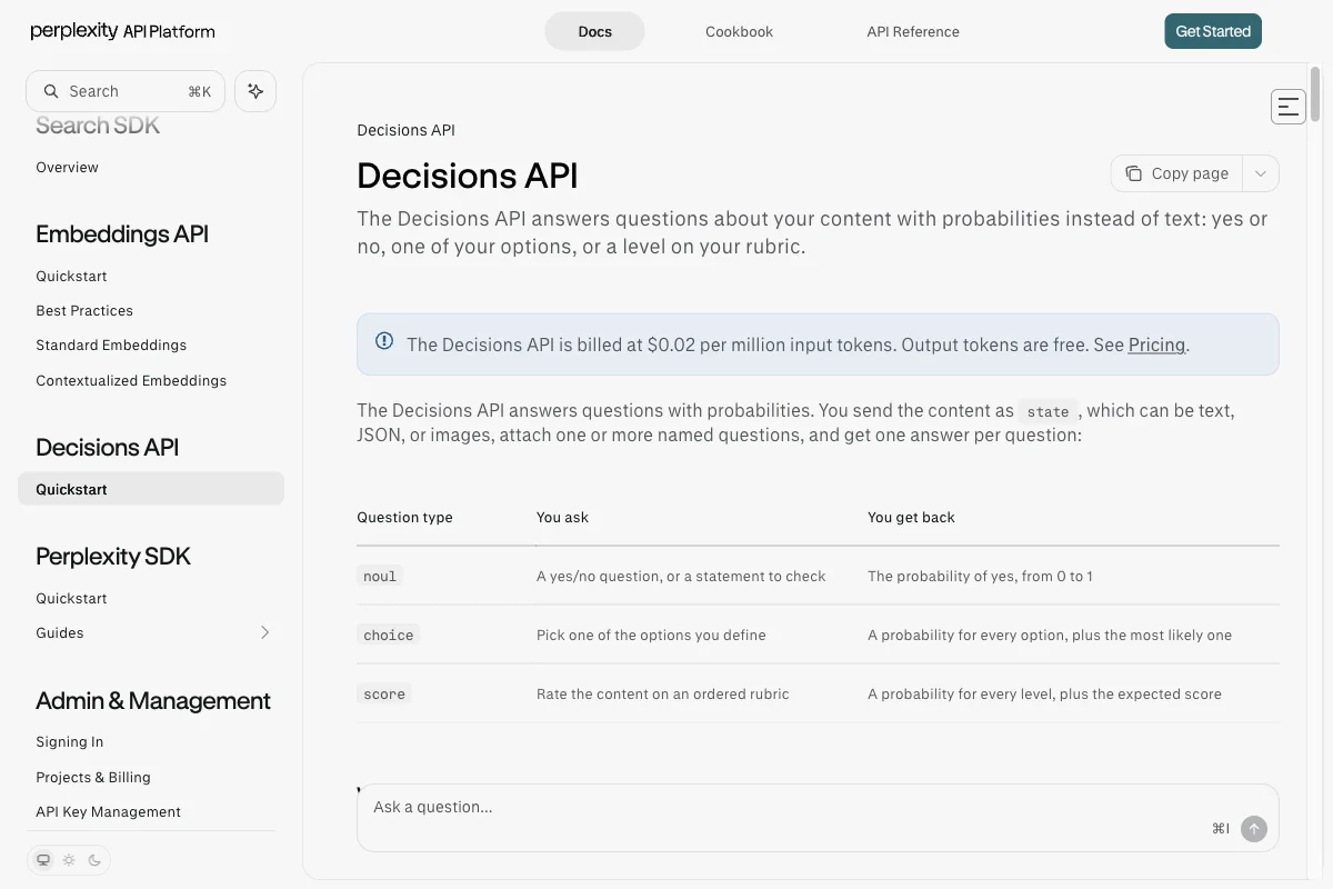 Dokumentation der Perplexity Decisions API mit Preisangabe und den drei Fragetypen