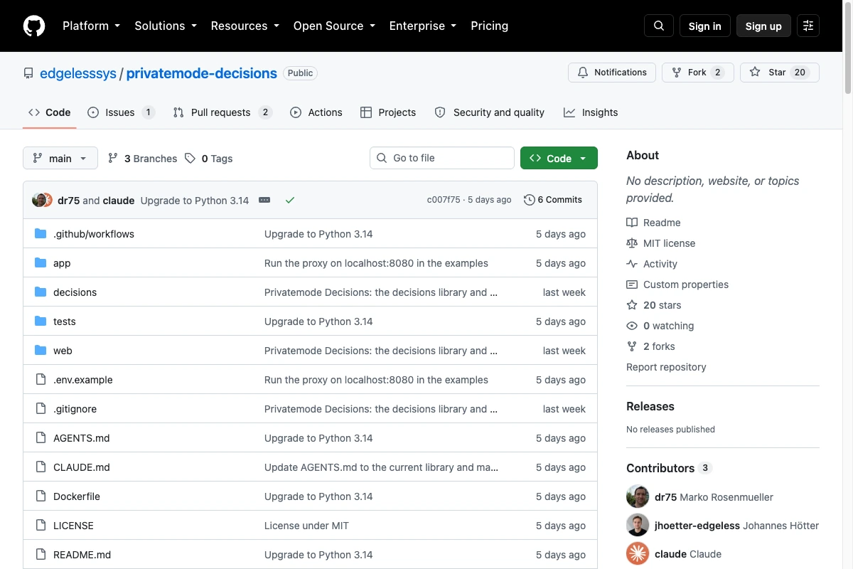 Privatemode Decisions auf GitHub: Bibliothek mit lokalem Proxy für Entscheidungen