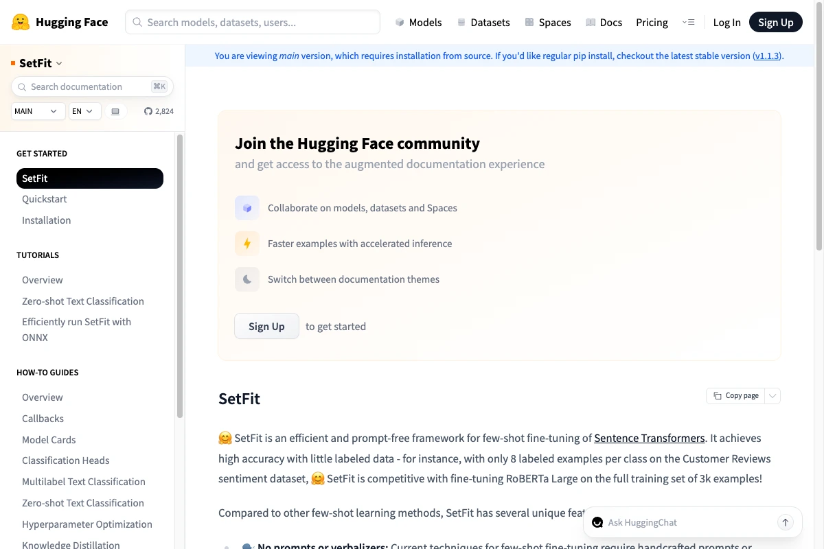 Dokumentation von SetFit, dem Few-Shot-Framework von Hugging Face