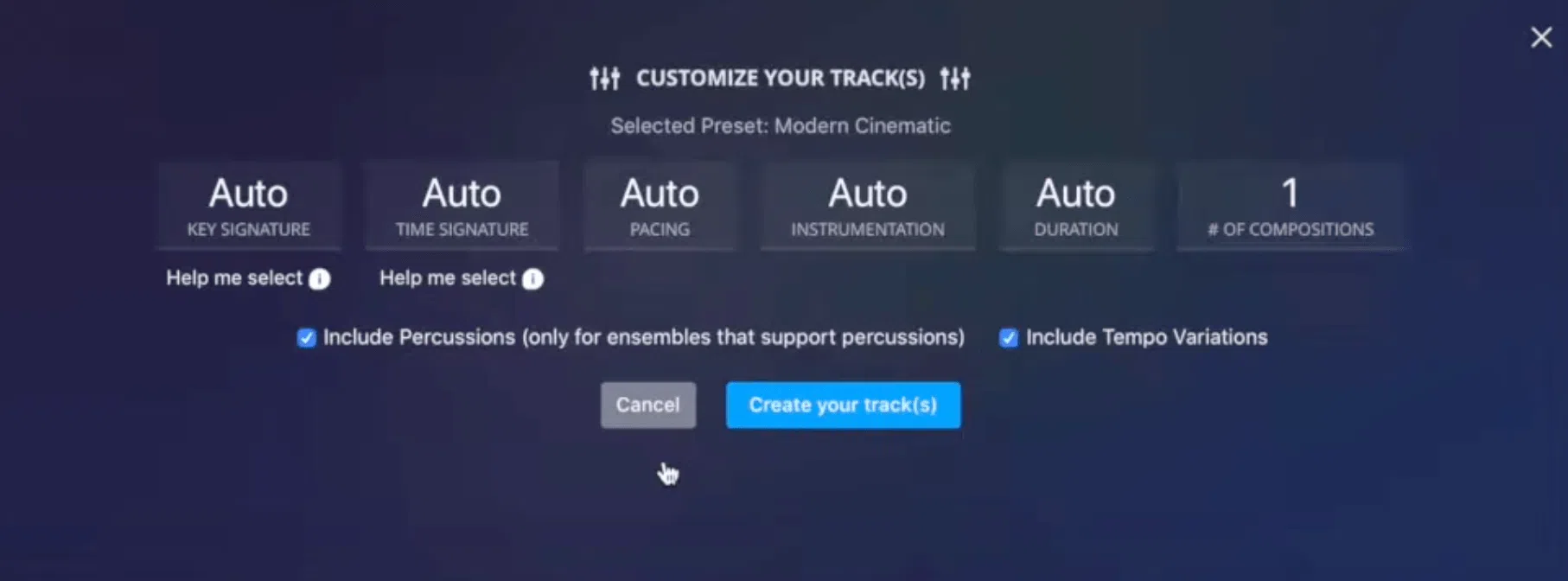 AIVA Musikgenerator Einstellungen für Länge, Instrumente und Geschwindigkeit