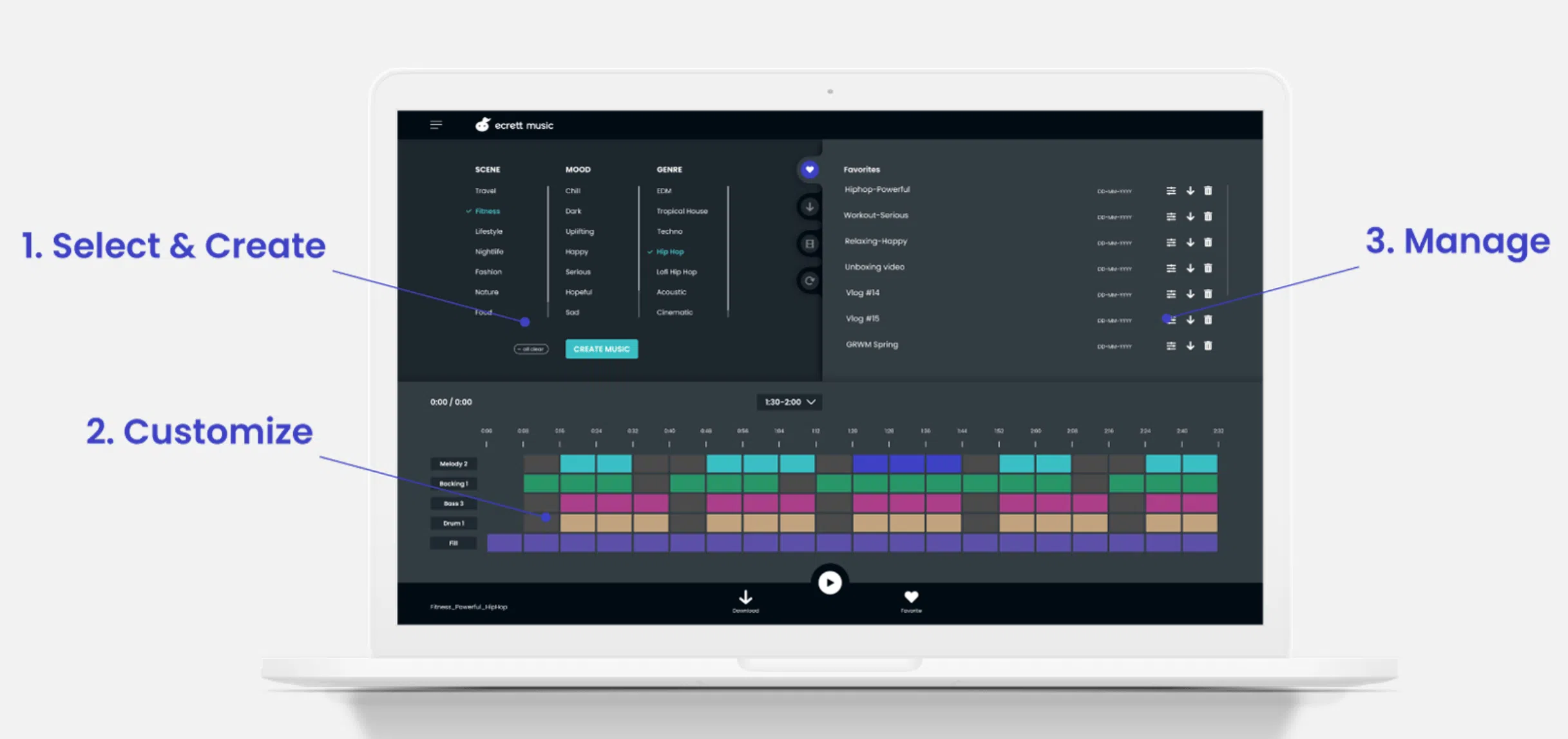 Ecrett Music KI-Musikgenerator Benutzeroberfläche mit Scene-, Mood- und Genre-Auswahl