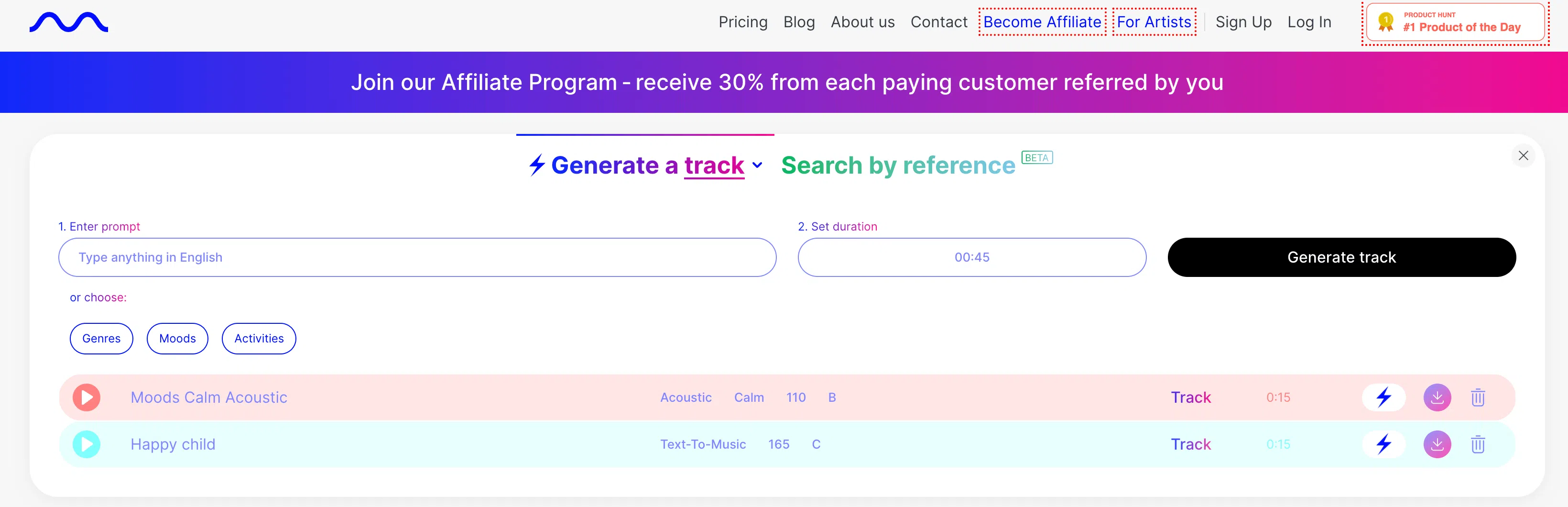 Mubert KI-Musikgenerator Benutzeroberfläche mit Prompt-Eingabefeld