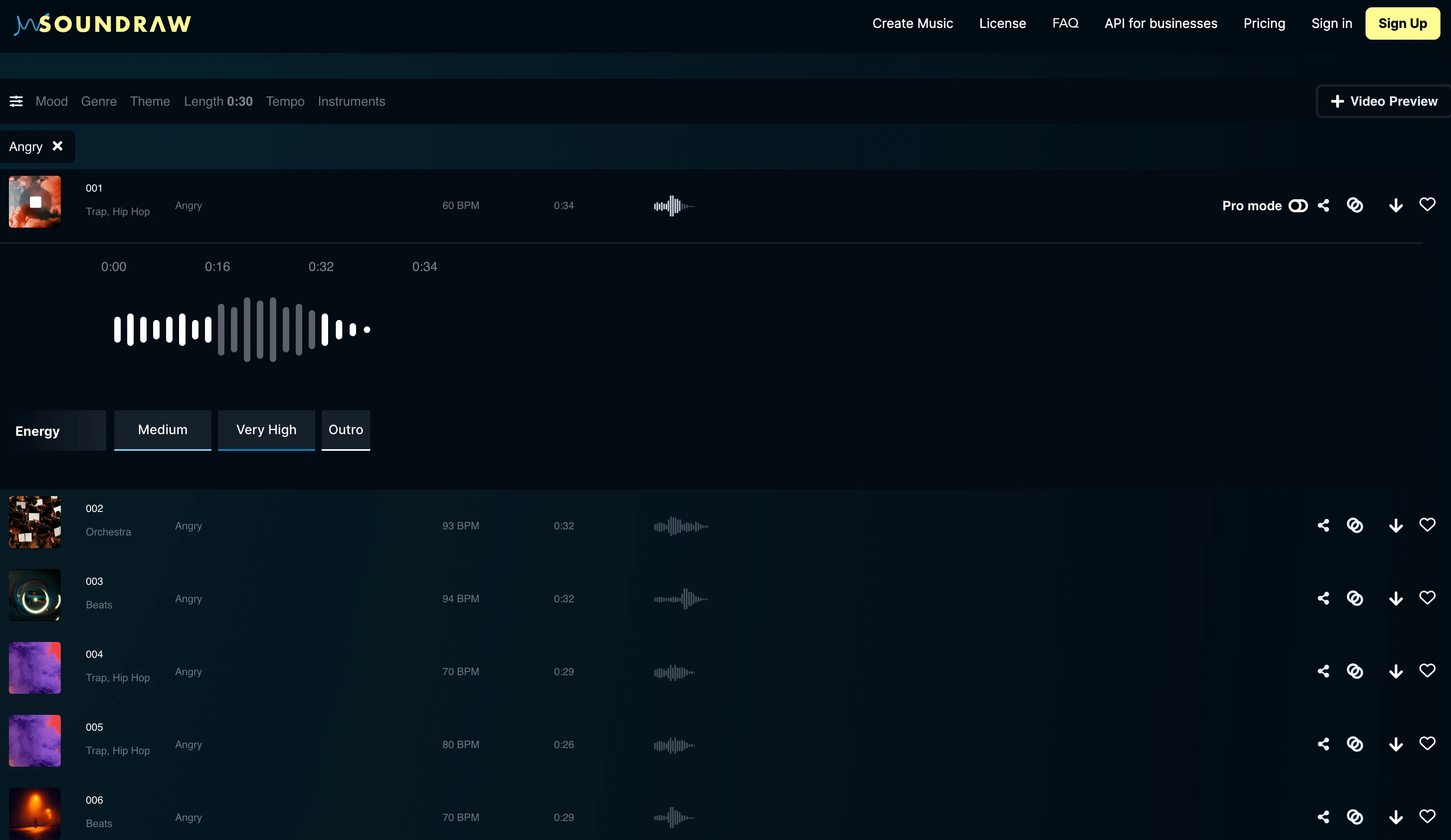 Soundraw KI-Musikgenerator Vergleichsansicht mit mehreren generierten Musikstücken