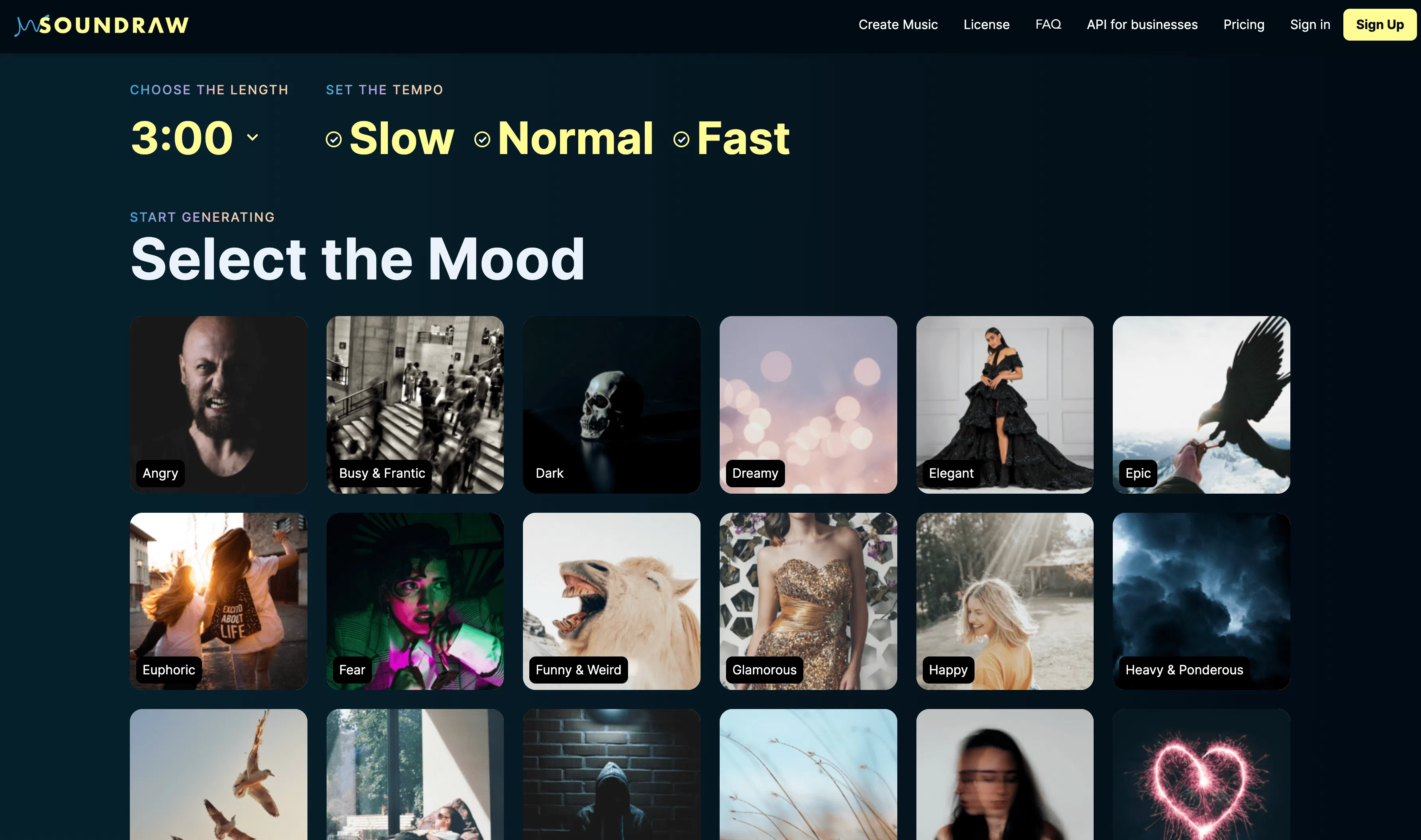 Soundraw KI-Musikgenerator Benutzeroberfläche mit Stimmungs-, Längen- und Tempo-Einstellungen