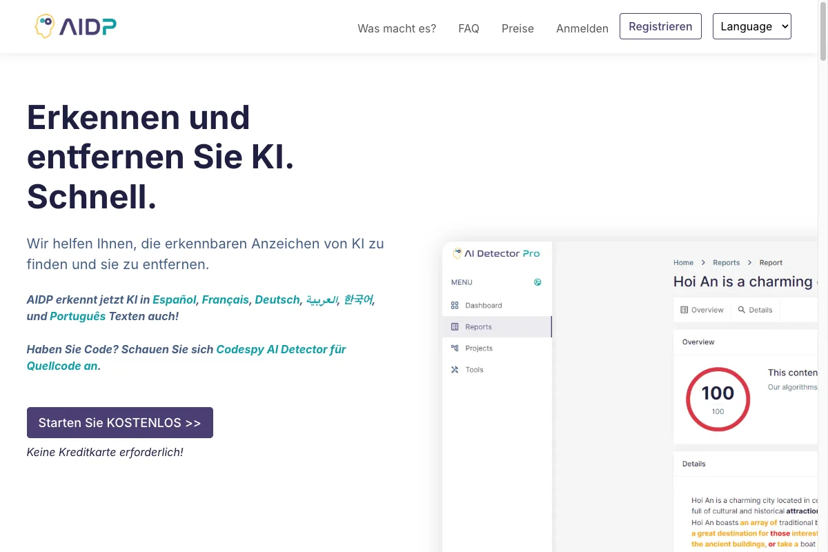 AI Detector Pro product page with a report illustration supplied by the provider
